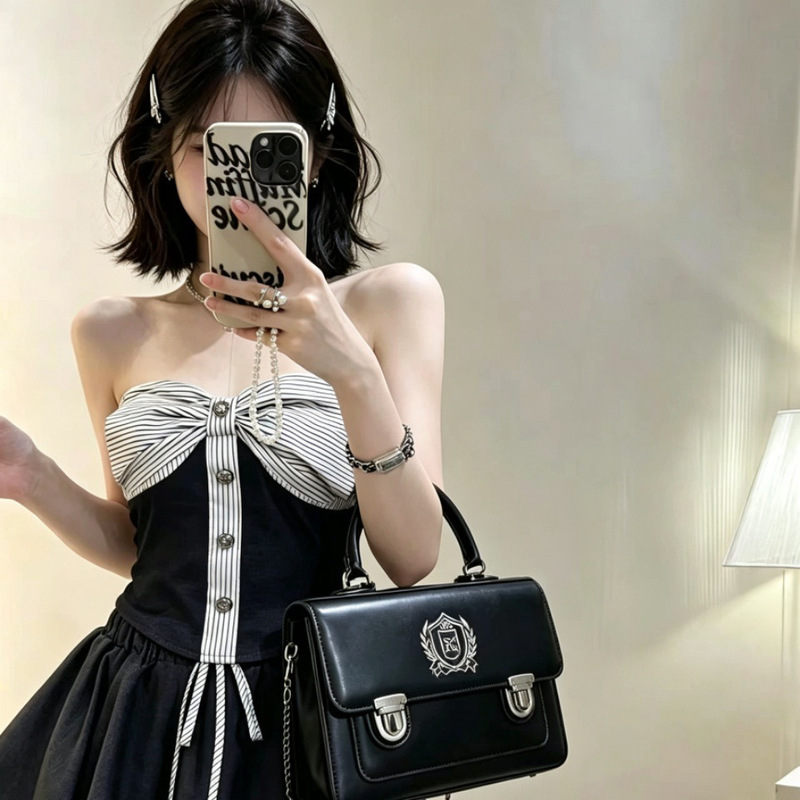 3067 # Summer new style hot girl style denim buttoned patchwork tube top for women, slim fit with fixed straps and chest pads
