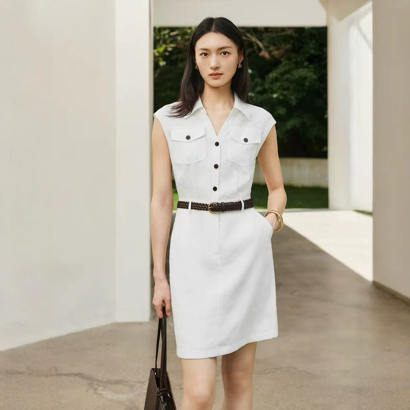 Yi** mall's same style 2026 autumn new fashion casual linen workwear style short turn-down collar dress with belt Yi** mall's same style 2026 autumn new fashion casual linen workwear style short turn-down collar dress with belt