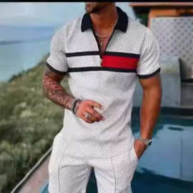 2024夏季 跨境亚马逊 独立站 新款条纹数码印花马球服休闲套装男