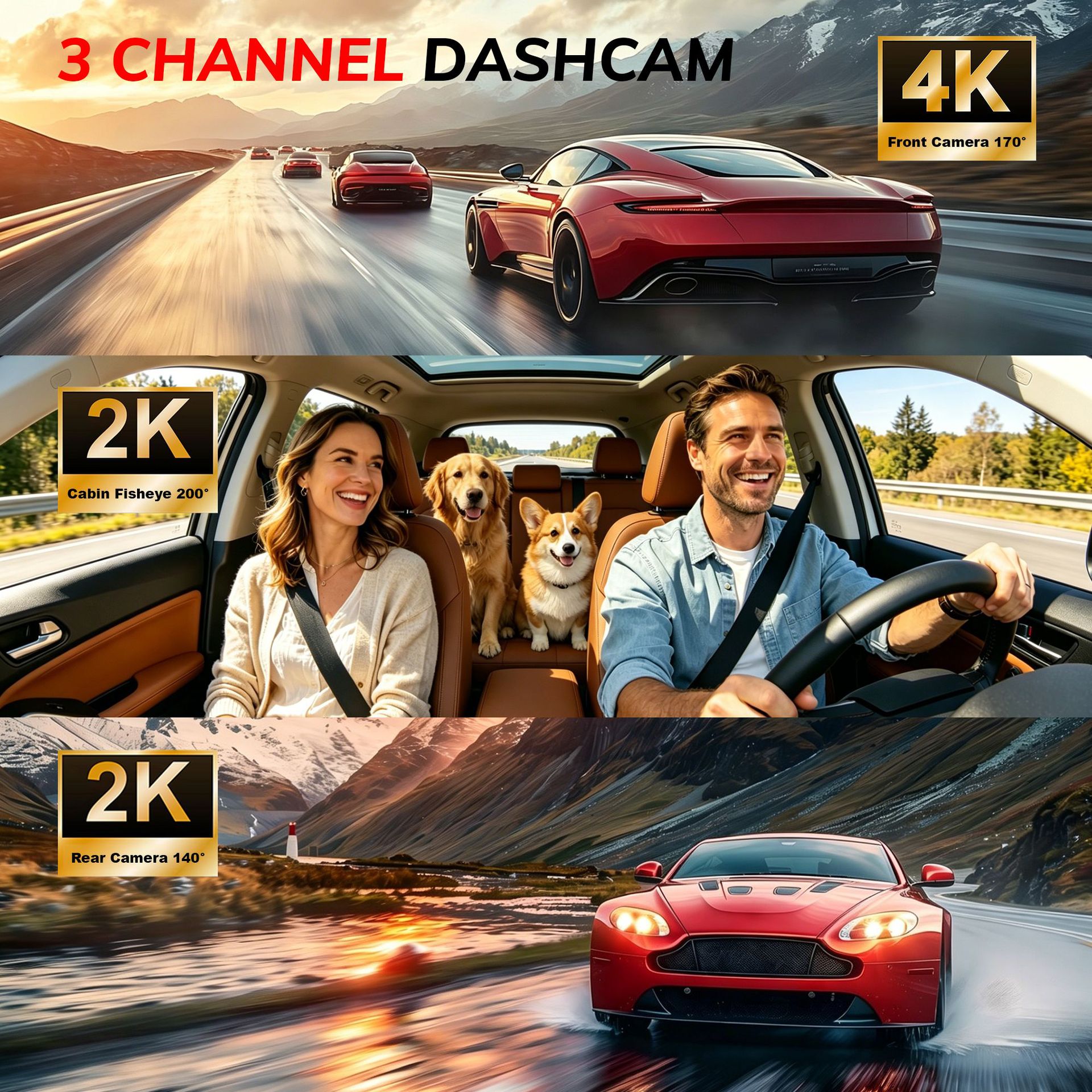 Cross-border car dashcam with high-definition 4K, 200-degree fisheye lens, front and rear triple recording dashcam
