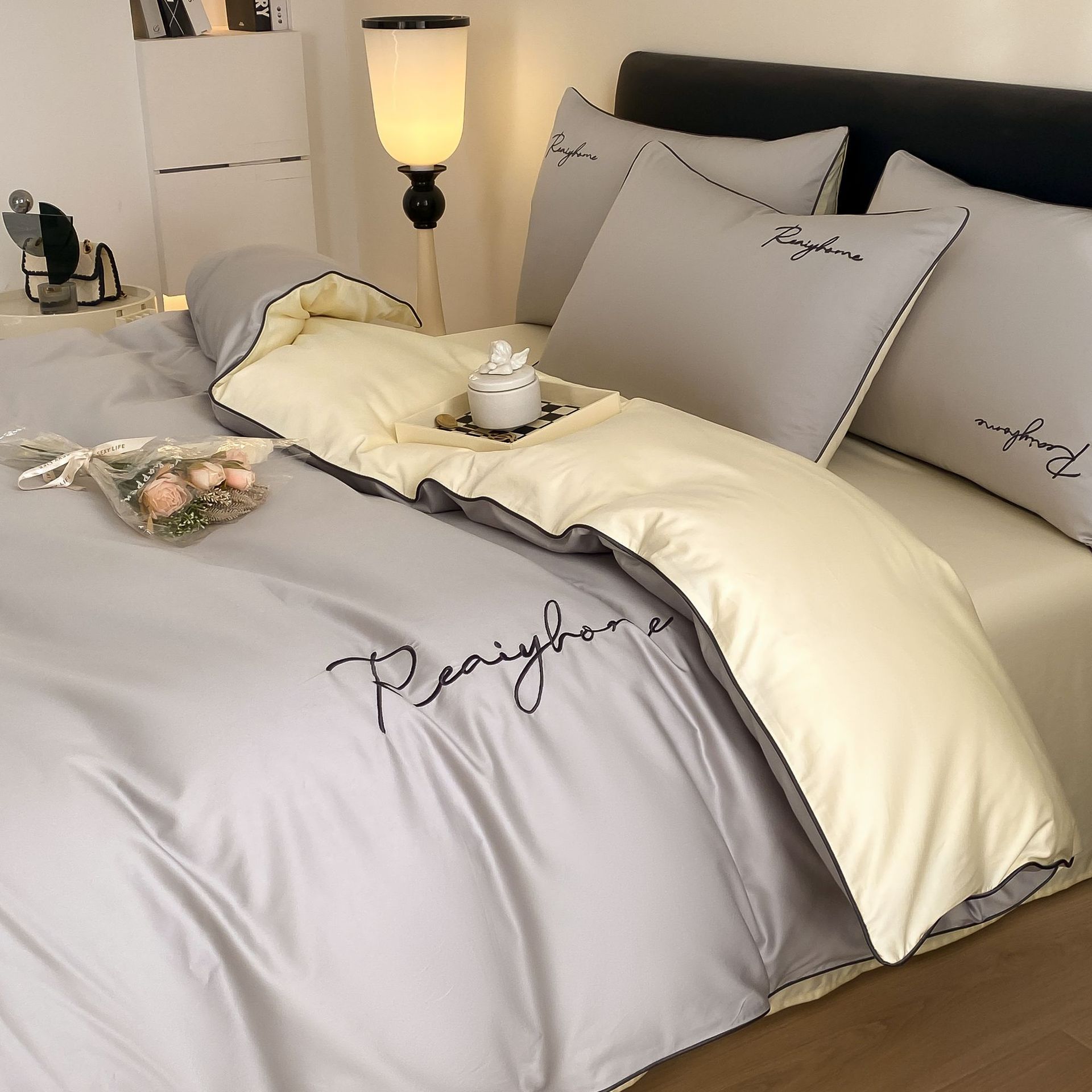Gris de montaña beige [tejido de algodón para dormir desnudo agradable para la piel] / Estilo de sábana de 0,9-1,2 m [funda de edredón: 150*200cm] juego de tres piezas