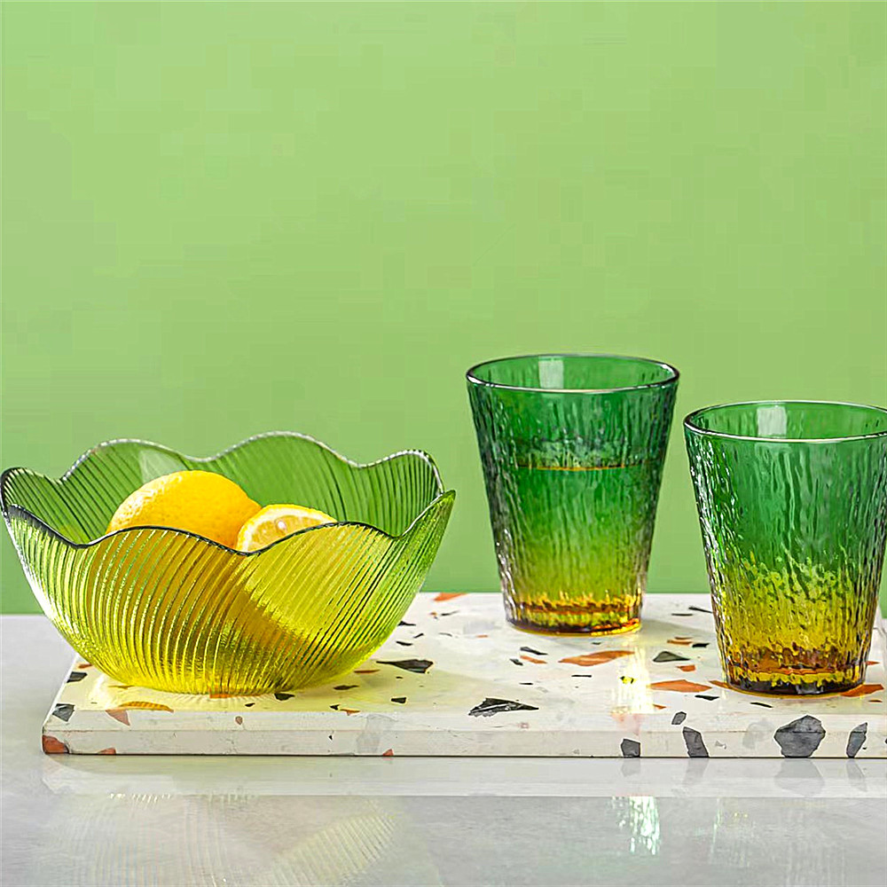 재미있는 꽃 언어 유리 그릇 세트 가정용 샐러드 그릇 물 컵 세트 도매로 컬러 유리 그릇 3 조각 세트
