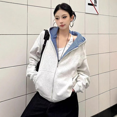 2025秋季新款灰色格子拼接连帽卫衣女秋冬宽松慵懒风学生开衫外套