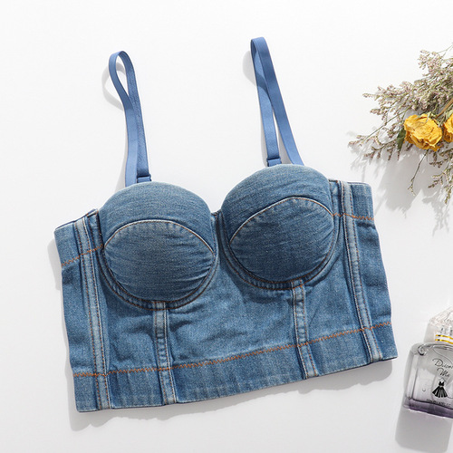European and American denim camisole for beauties with back exposed and navel-free underwear to wear fishbone top versatile nightclub disco tube top