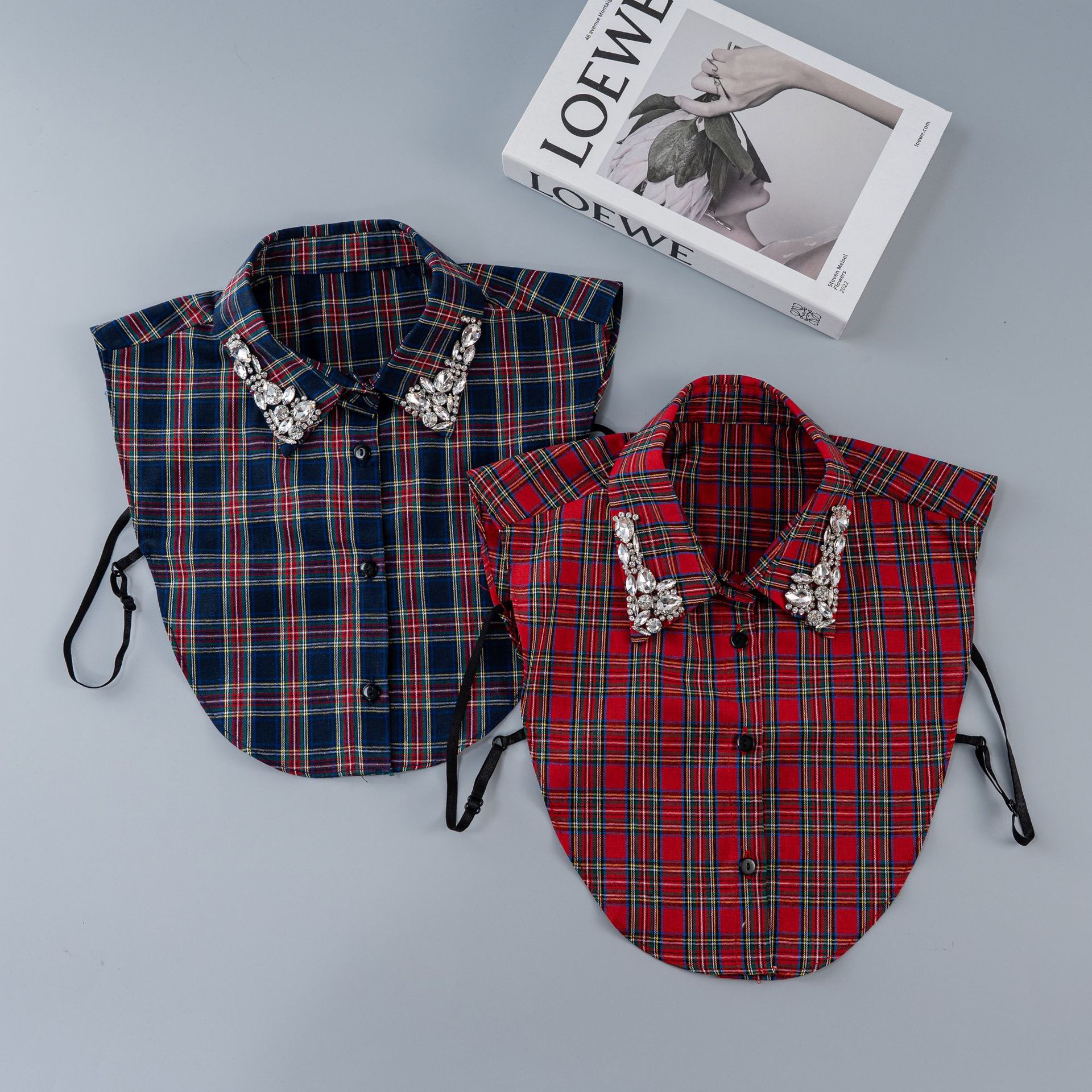 新款圣诞领子假领子假衬衣红蓝格子跳色水钻手缝钉珠衣领跨境厂家