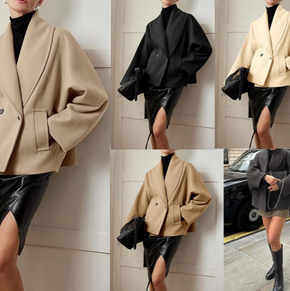 Women's Short Pea Coat, Ultra Jacket with a Turn-Down Collar, Double-Breasted Coat, European and American Style, Autumn and Winter, Petite Coat with a High-End Feel