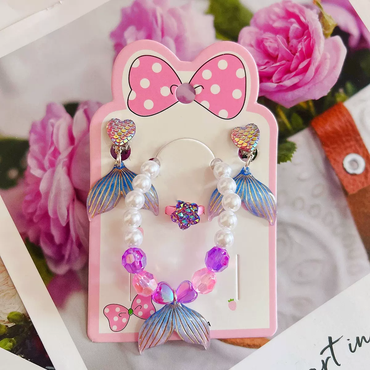 幻彩美人鱼手链耳夹套装儿童首饰鱼尾吊坠女童可爱儿童礼物批发