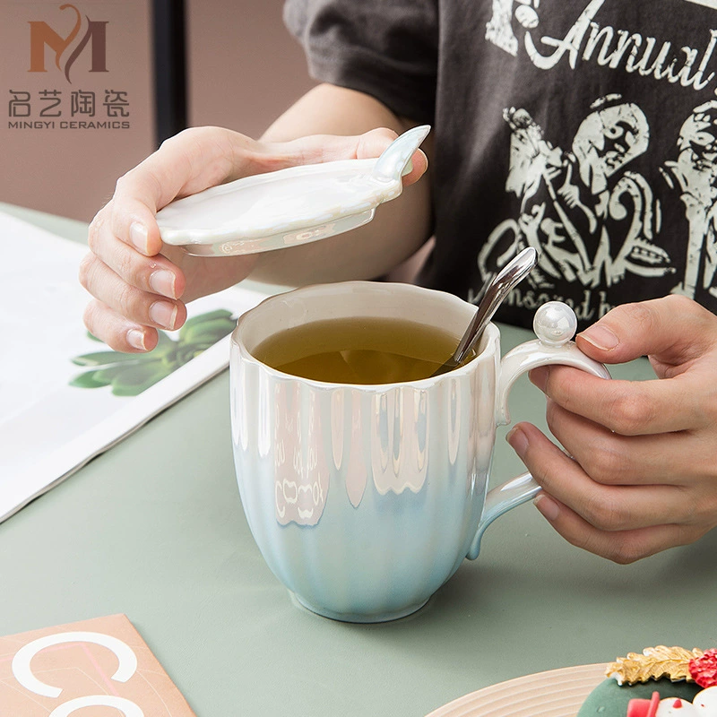 A piece of pearl shell with cover mug, internet celebrity pearl glaze ceramic, creative trend drinking cup