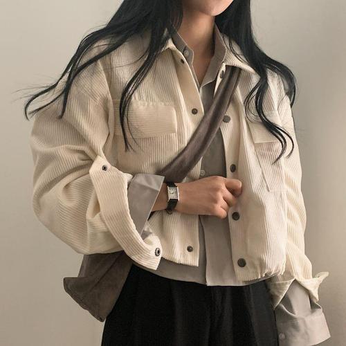 Chic Korean Autumn/Winter Loose Matchable Single Button Collar Short Length Corduroy Shirt Drawstring Jacket for Women Fashion