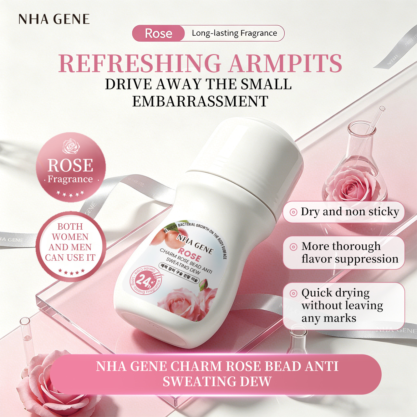 Cross-Border Charm Rose Roll-On Antiperspirant Deodorant, Refreshing, Non-Sticky, Smooth and Easy to Apply, Long-Lasting Fragrance Body Deodorant