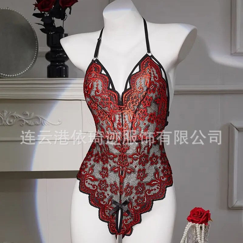 Sexy Lingerie Two-Tone Lace Halter Teddy Bodysuit Open Crotch Transparent Tank Top Women's Tight-Fitting Bodysuit