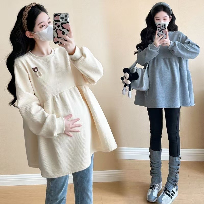 임산부 가을 겨울 정장과 작은 사람들을 위한 엉덩이를 가리는 벨벳과 두꺼운 따뜻한 상의 스웨트셔츠 재킷 중간 길이의 옷