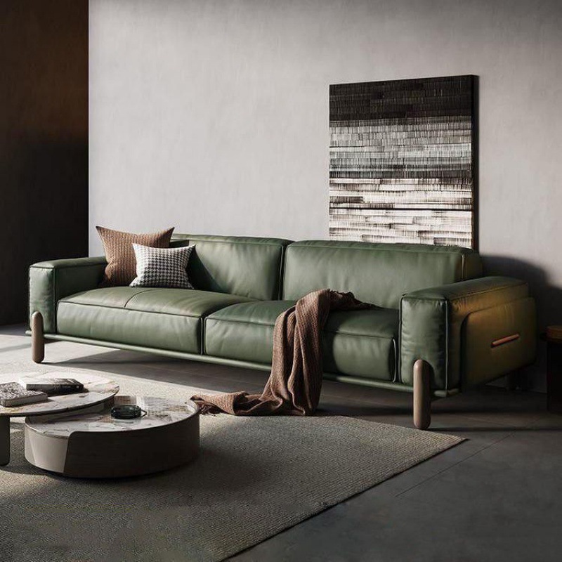 Italian Designer Leather Sofa Small Apartment Straight Row Solid Wood Tall Tofu Nappa Top Layer Cowhide Sofa
