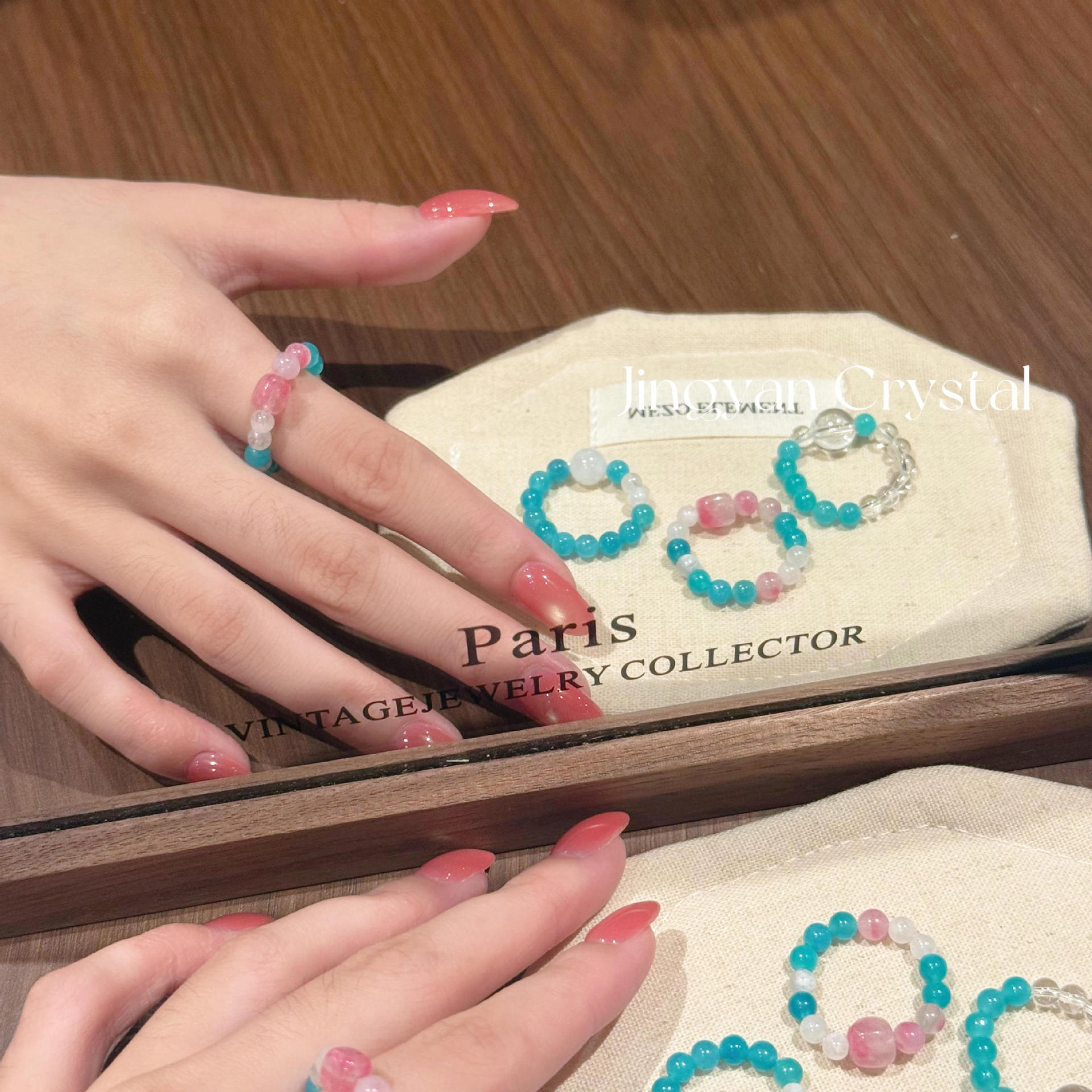 Original Design Natural Crystal Amazonite Cherry Blossom Snowflake Ghost White Water Beads Brightening Ring Wholesale