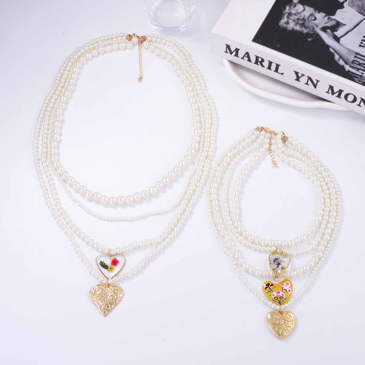 Daily Occasion Women's Imitation Pearl Zinc Alloy Beaded Chain Heart Shape Flower Layered Necklaces Imitation Pearl Jewelry