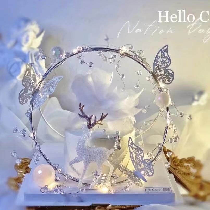 鐵圓環蛋糕裝飾擺件小紅書網紅爆款水晶珠流蘇大蝴蝶蛋糕創藝花環