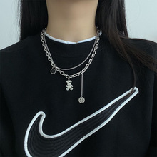 网红ins风双层钛钢菱格可爱小熊吊坠钛钢项链 个性简约学生毛衣链