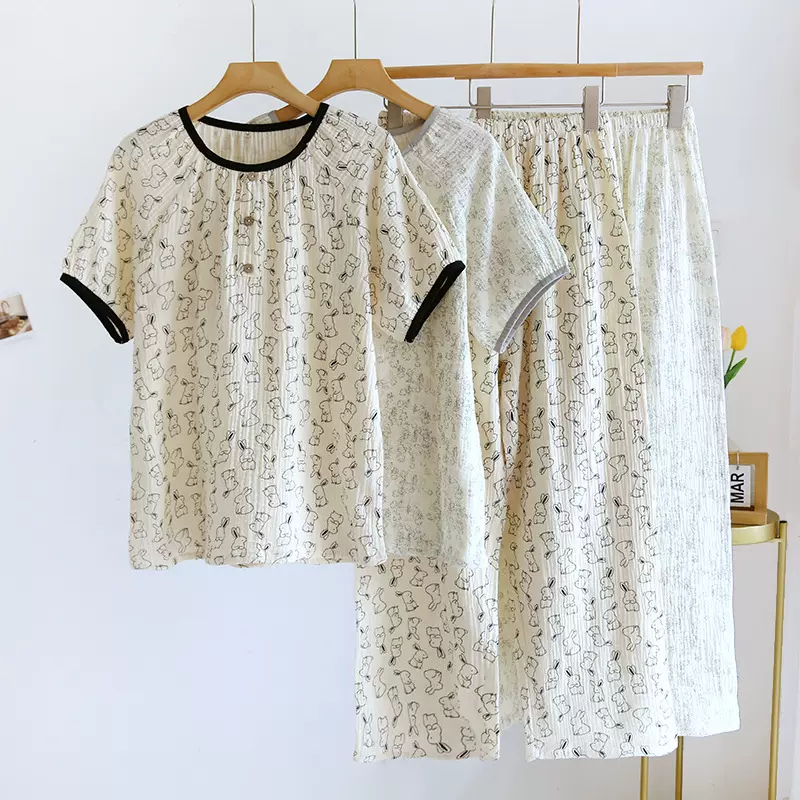 圆领套头短袖长裤睡衣女纯棉绉布夏季款简约休闲宽松家居服可外穿
