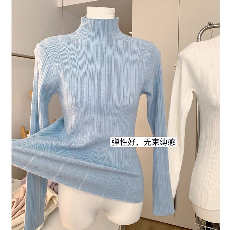 Blue semi-high collar knitted base shirt for women, autumn and winter, elegant and slim-fitting, soft and cozy sweater, suitable for layering