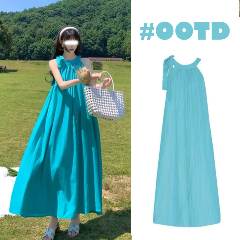 In stock French style halter off-the-shoulder maternity dress lace-up loose slimming holiday style drape long pregnant women dress