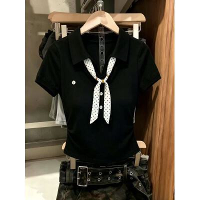 Áo thun nữ cổ Polo tay ngắn chất liệu lụa khăn thiết kế cảm giác mới — màu đen