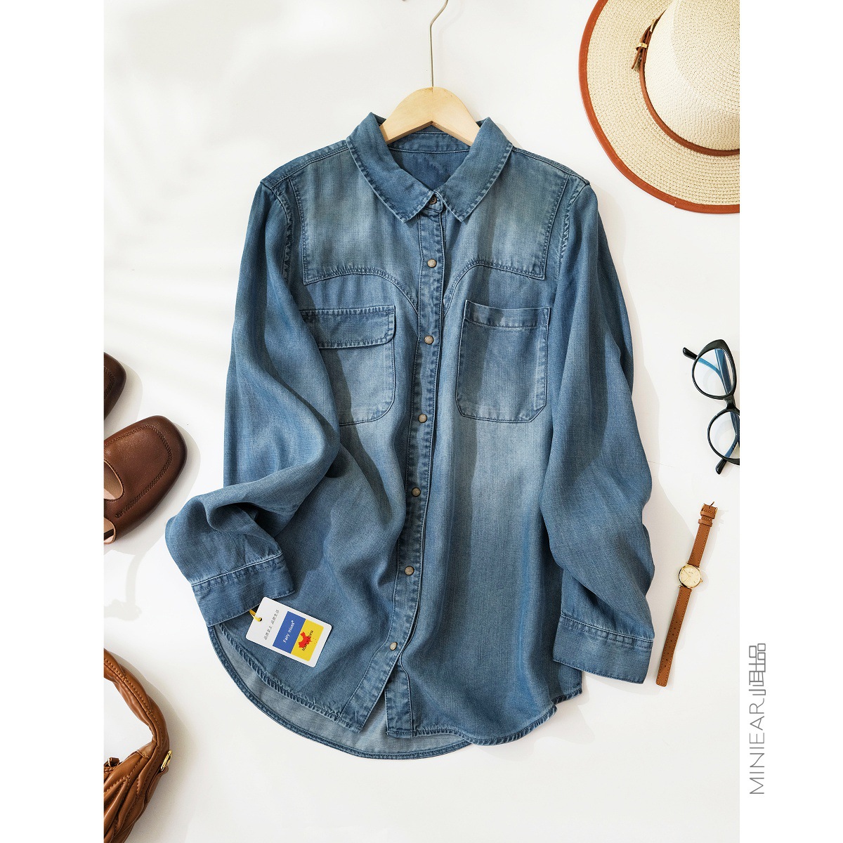 做工牛仔天椛板！100%莱赛尔复古时尚长袖牛仔衬衫百搭休闲2025秋
