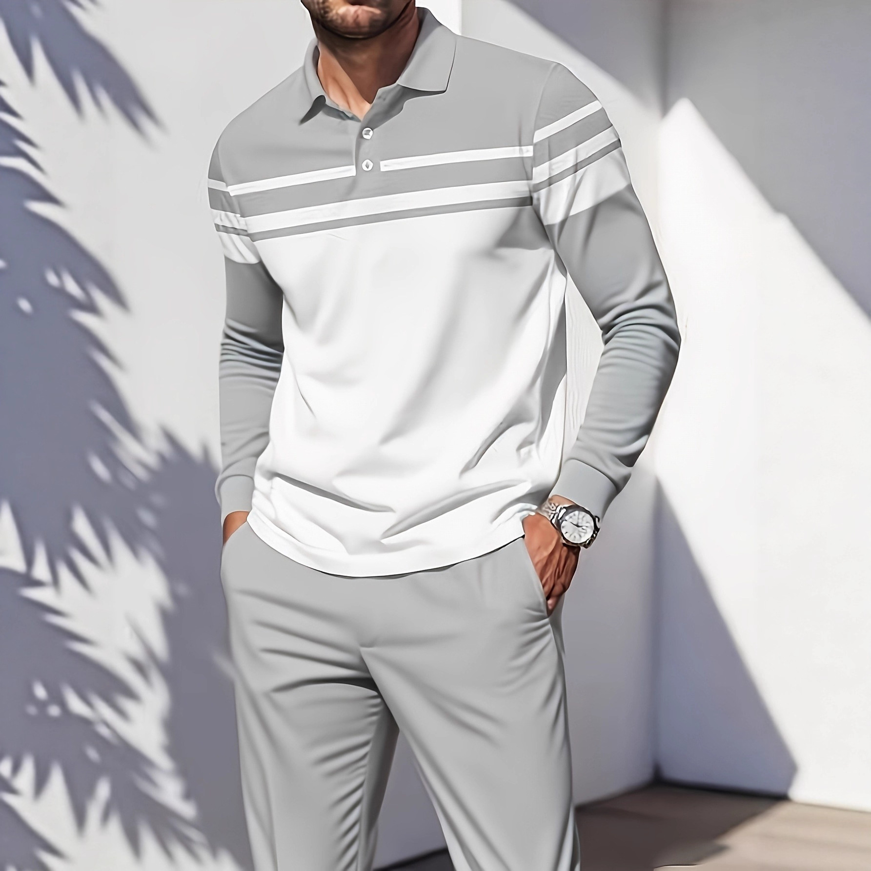 Cross-Border Export New Golf Lapel Button Polo Shirt Long-Sleeved Men's Casual Sports Two-Piece Suit