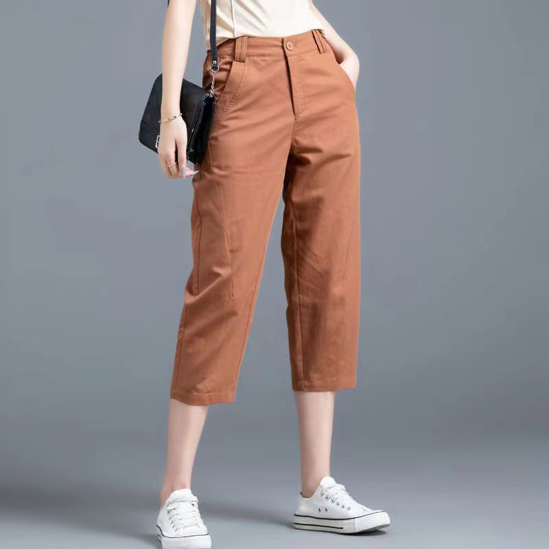 Women's Summer Thin Cotton and Linen Pants, Cropped High-Waisted Casual Pants, Breathable Workwear Fashion Cropped Pants