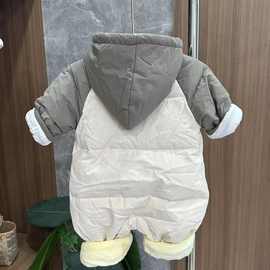 新款宝宝冬款婴幼儿双兜笑脸太阳花连体哈衣羽绒服外出灰色蓝色男