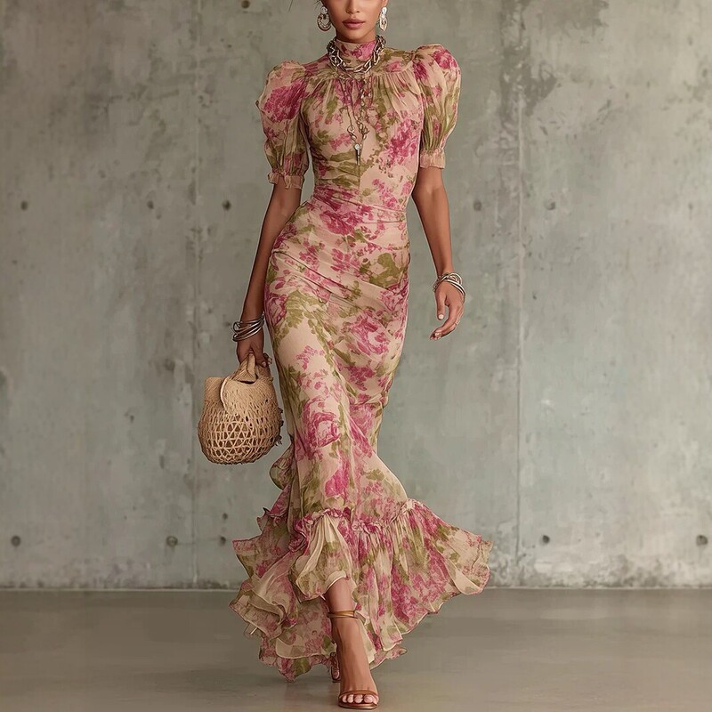 2026 Spring New Style Sexy Mesh Print Casual Versatile European and American Style Mermaid Dress Off-Shoulder Dress for Women 2026 Spring New Style Sexy Mesh Print Casual Versatile European and American Style Mermaid Dress Off-Shoulder Dress for Women