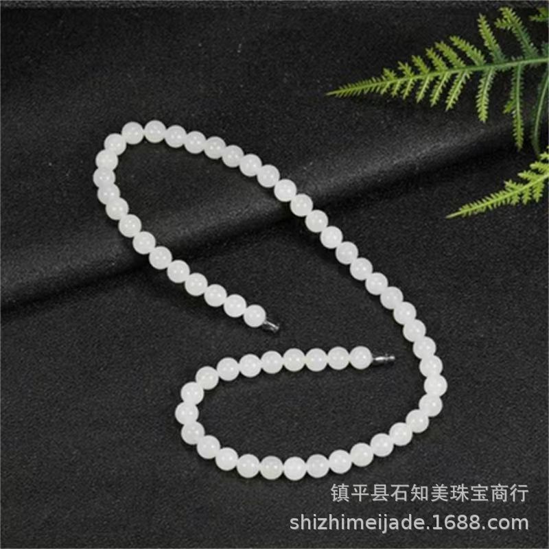 新疆和田羊脂白玉金丝玉圆珠项链男女款紫罗兰天山翠圆珠妈妈链|undefined