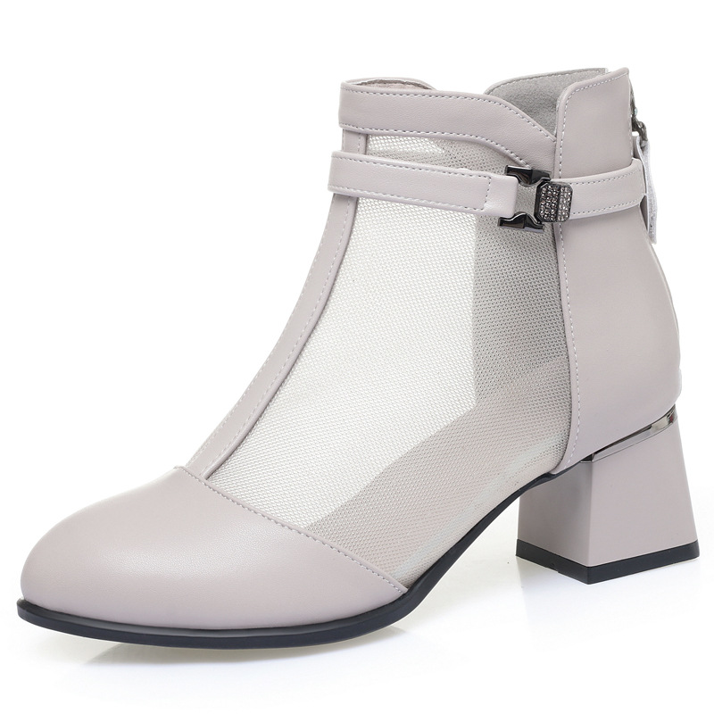 Boot nữ cổ thấp da lộn lưới gót vuông 6 cm — Xám gạo