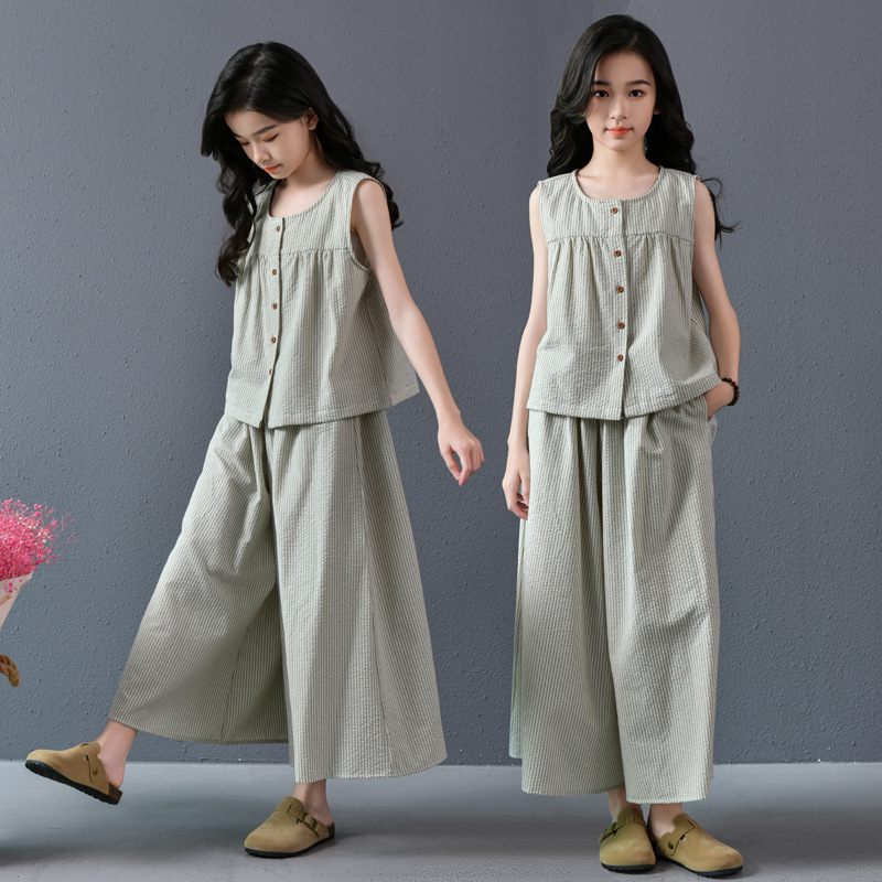 Traje de verano para niñas sin mangas pantalones anchos sueltos culottes de dos piezas verano fresco arte culottes casual a rayas