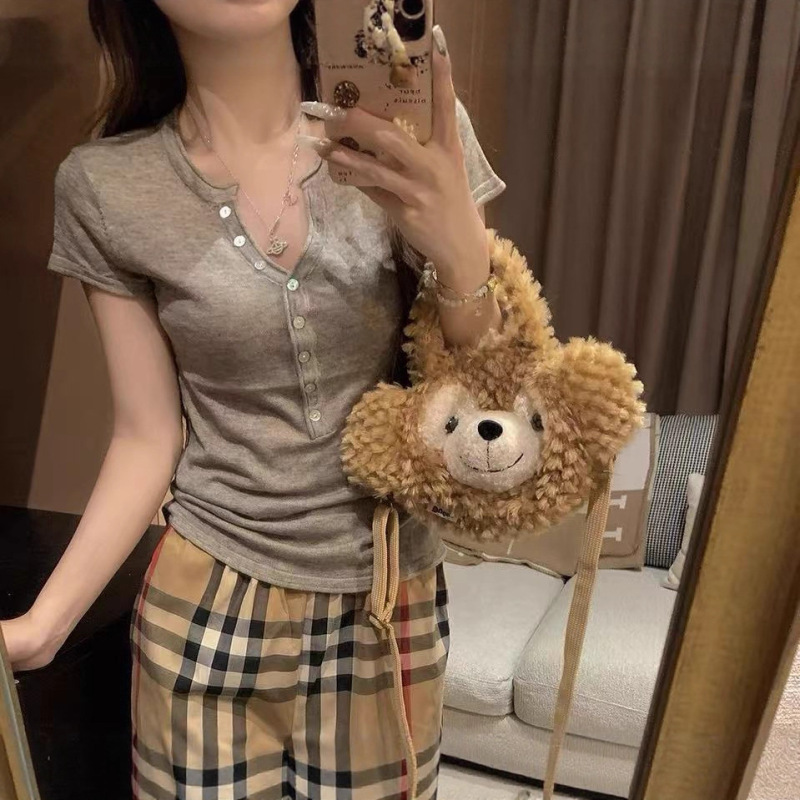 2025美式老钱风半开领设计感针织短袖T恤女夏季时尚休闲上衣绝美|undefined