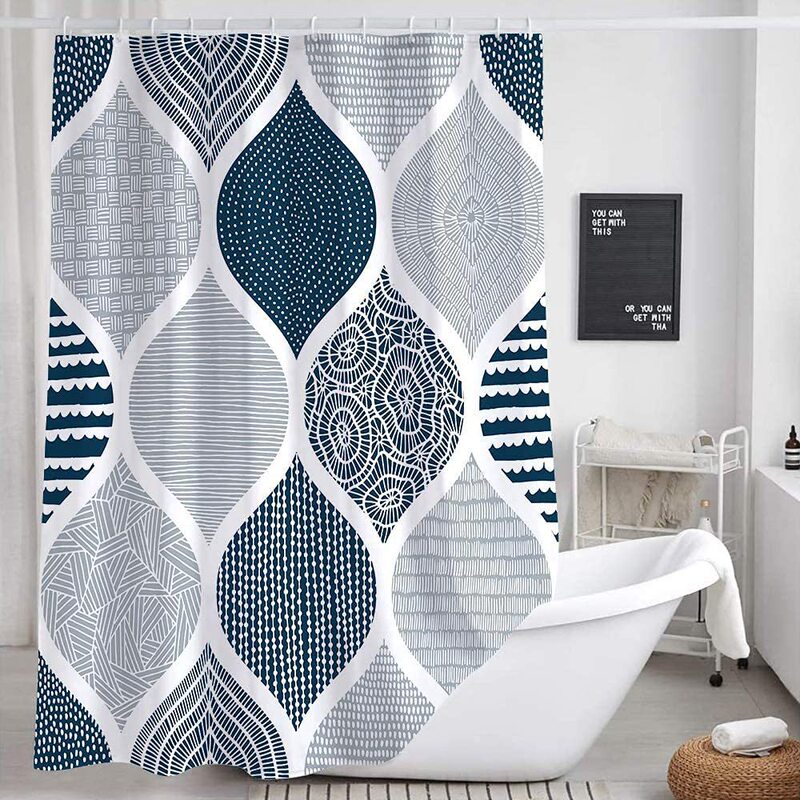 Bathroom Blue Gray Shower Curtain Navy Blue Geometric Pattern Fabric Bath Curtain Set Toilet Decor Accessories with Hooks