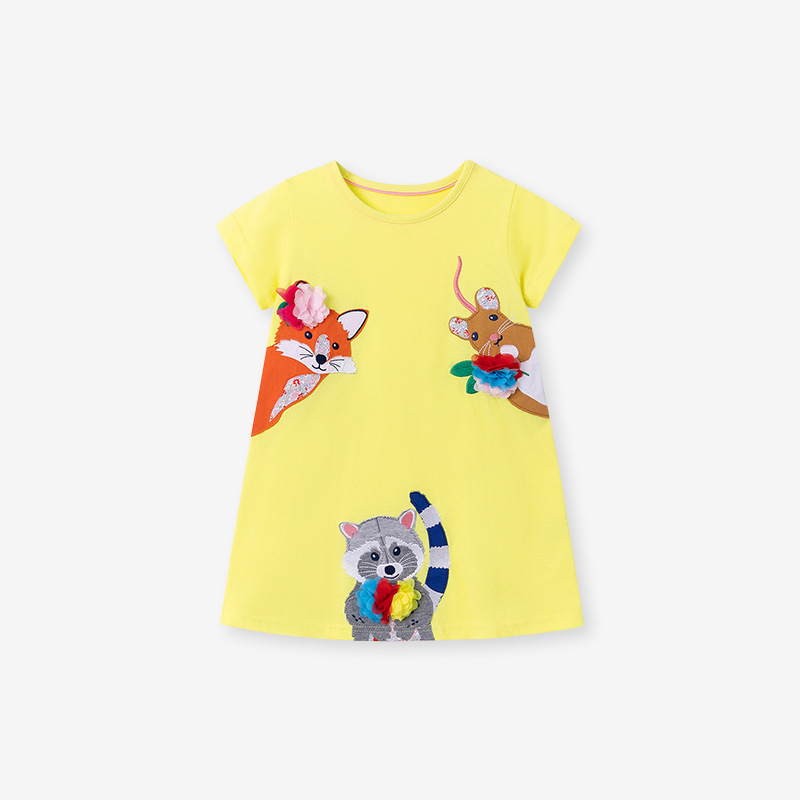 Fábrica fuente vestido de niña al por mayor de verano dibujos animados mangas cortas falda de niños bordado vestido de niños europeos y estadounidenses
