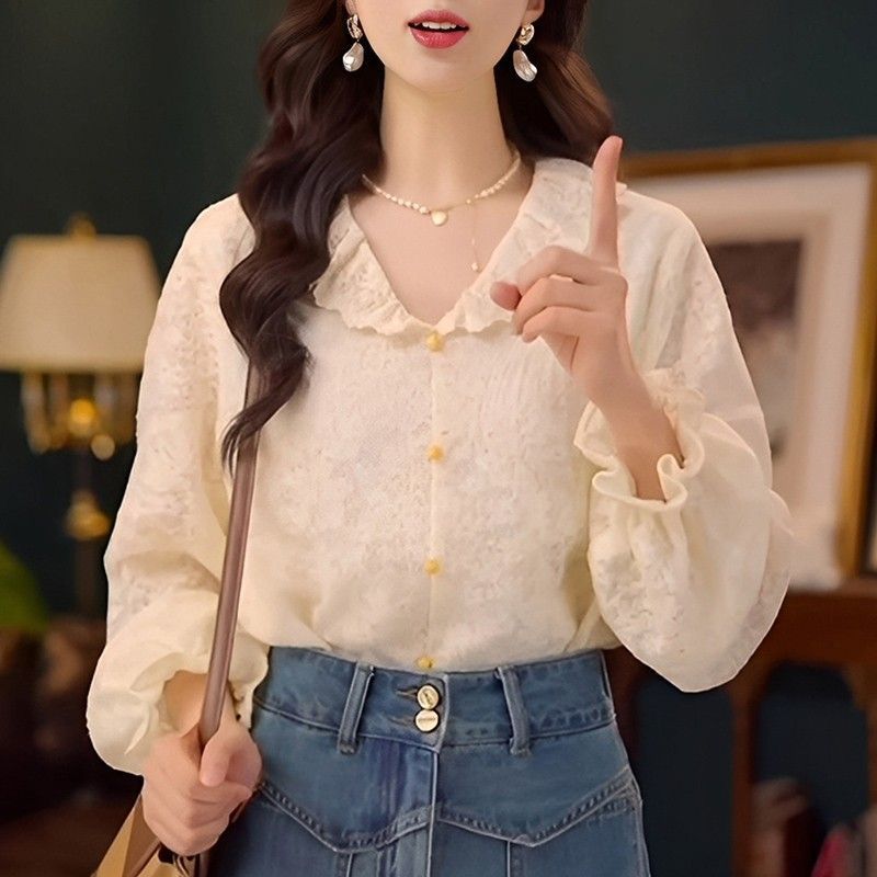 秋季新款蕾丝欧若风长袖衬衫女时尚休闲宽松上衣女香云纱假二件套|undefined