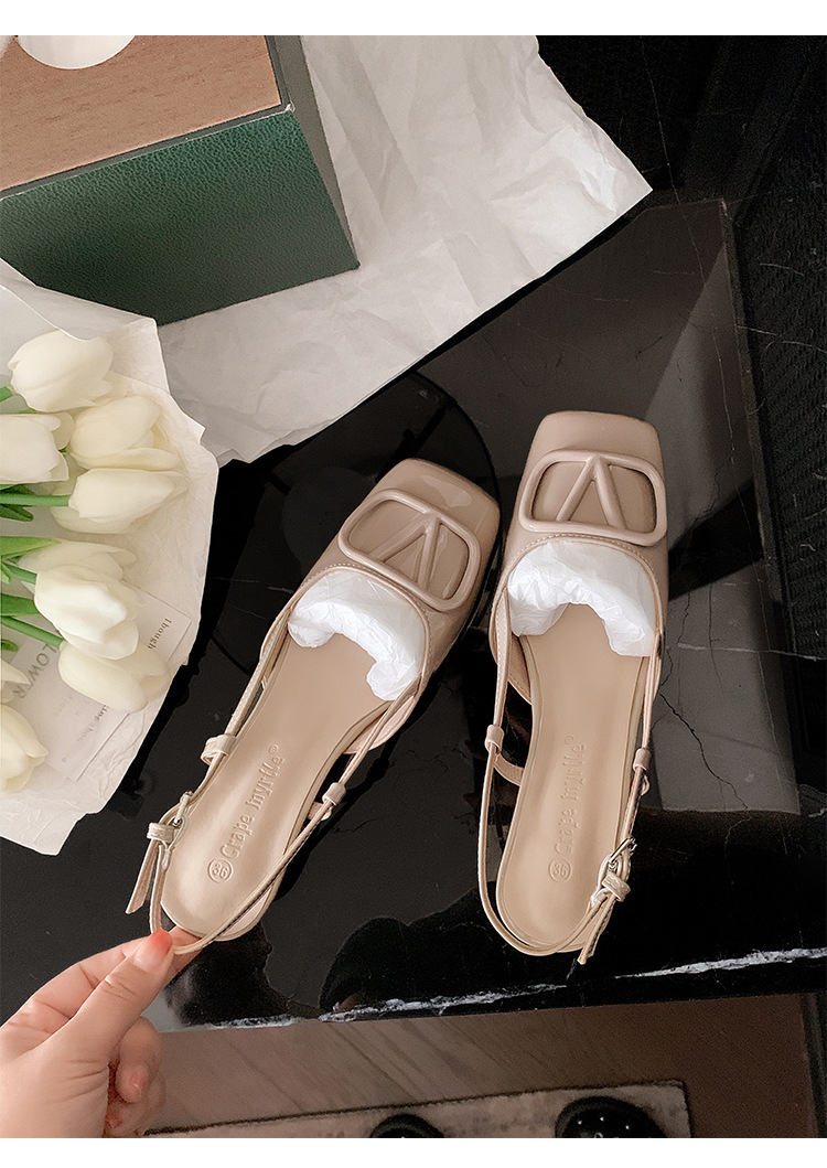 Suzanne con la princesa Dale ~ cabeza cuadrada V botón trasero desnudo rosa sandalias planas zapatos de mujer viajeros