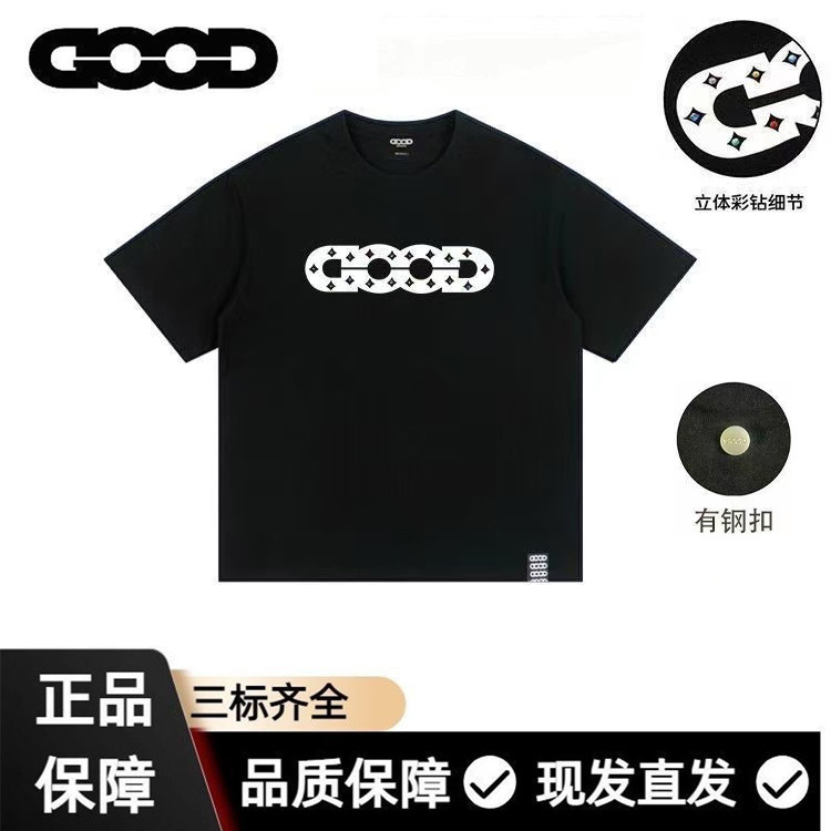 Good National Trend Summer Logo Hollow Out 3D Print Rhinestone Craft Heavyweight Pure Cotton Short Sleeve T-Shirt Unisex