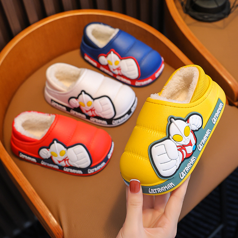 Ultraman Winter Zapatillas de algodón para niños antideslizantes impermeables con forro polar cálido para niños en casa