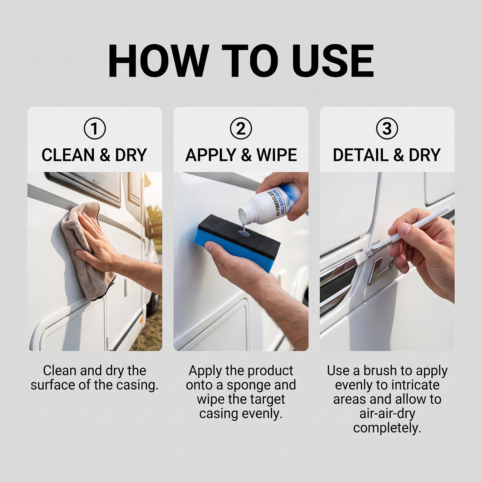 RV fiberglass exterior polish: RV body glass cleaner, polisher, brightener, and protective coating for maintenance