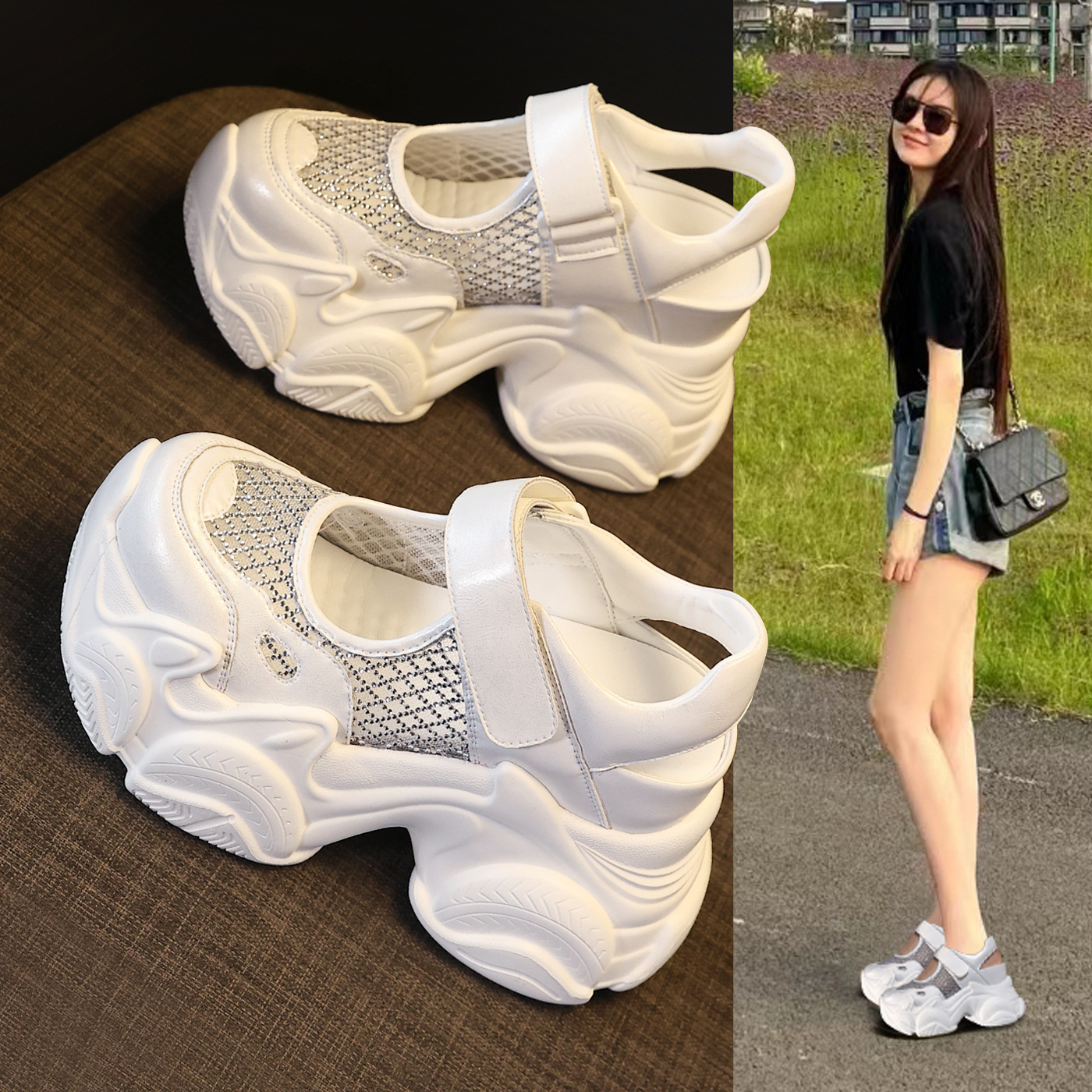 Sandal đế dày tăng chiều cao dáng giày thể thao nữ 2026 — màu trắng, bạc