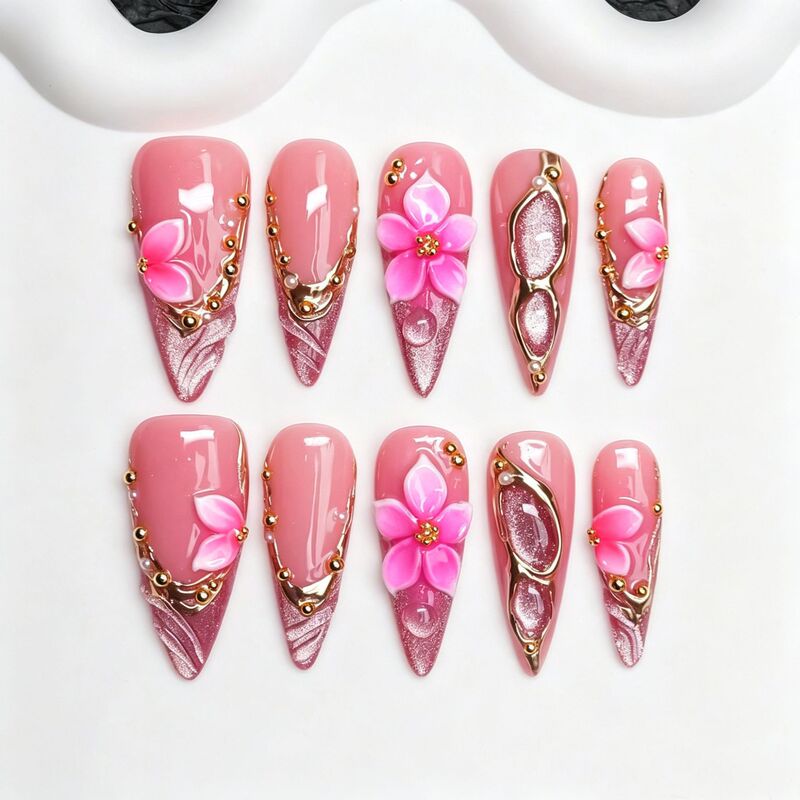 Cross-border nude pink 3D embossed pink petal-shaped metal-edged small round bead nail art, finished fake nails for manicures Cross-border nude pink 3D embossed pink petal-shaped metal-edged small round bead nail art, finished fake nails for manicures