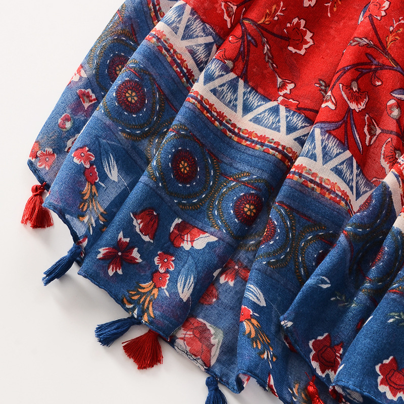 La primavera y el verano de algodón fino y el lino sienten bufanda vintage Lijiang estilo rojo flor imprimir viajes protector solar Toalla de playa para las mujeres