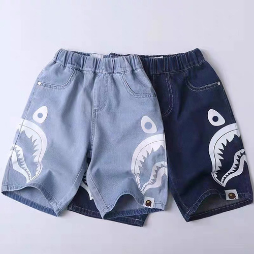 Boys' summer new style 2024 Japanese style casual straight loose shark denim five-point medium shorts for small and medium-sized children