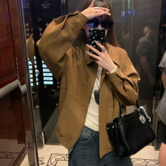 美拉德复古仿麂皮绒长袖外套女2025秋季新款宽松翻领休闲机车服女