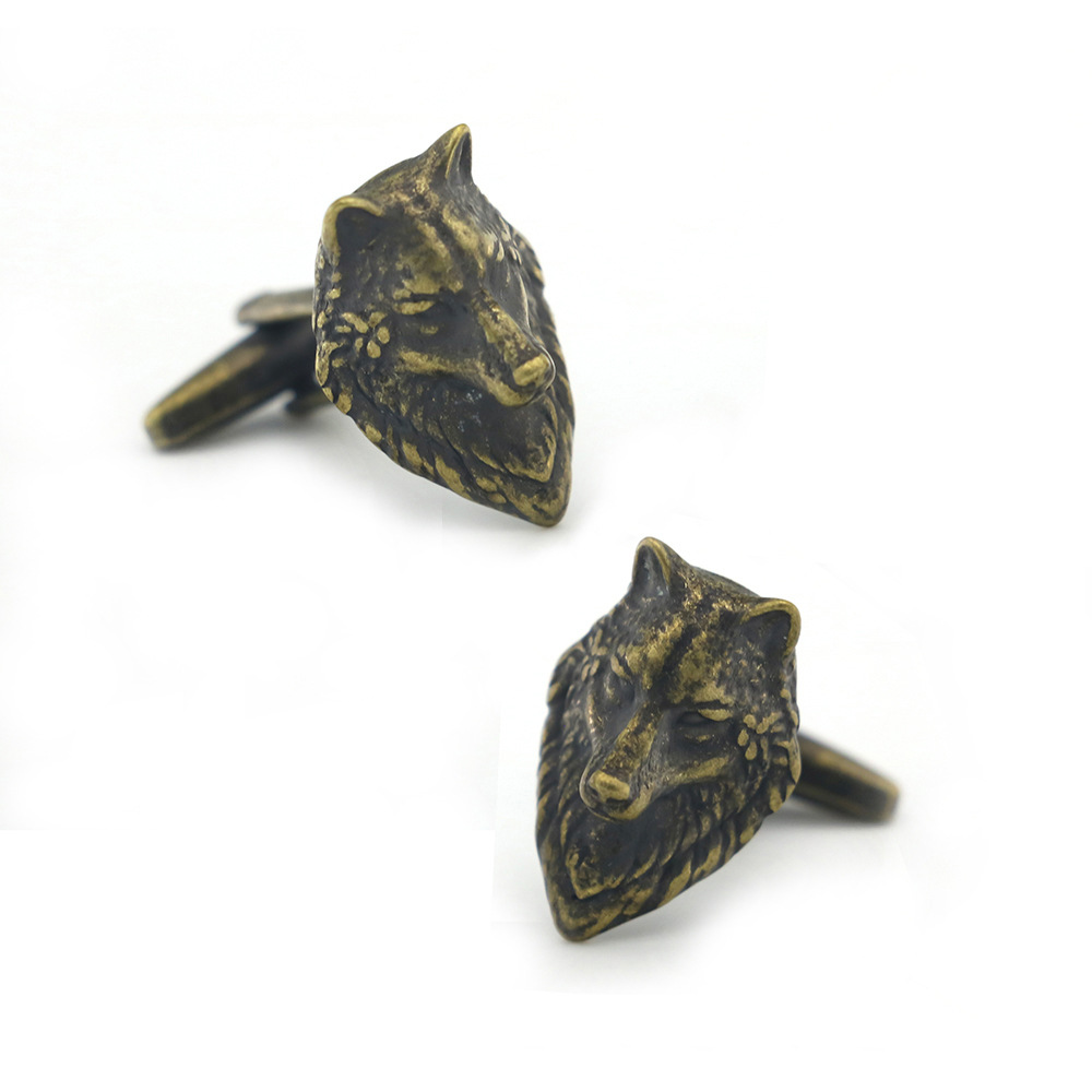 [Quality Pure Copper in stock Now] Retro Men's French Button Cuff Nail Animal Bronze Wolf Head Cuff