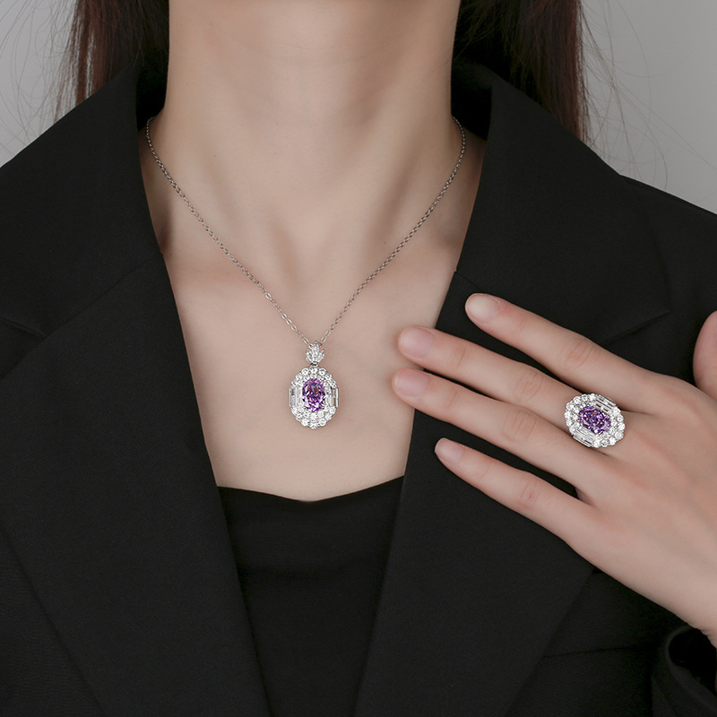 Otoño e invierno nuevo estilo Zhuangsheng conjunto de joyas con alto contenido de carbono diamante hielo flor de cobre cortado con incrustaciones de diamantes rosas profundas piedra principal 8*12