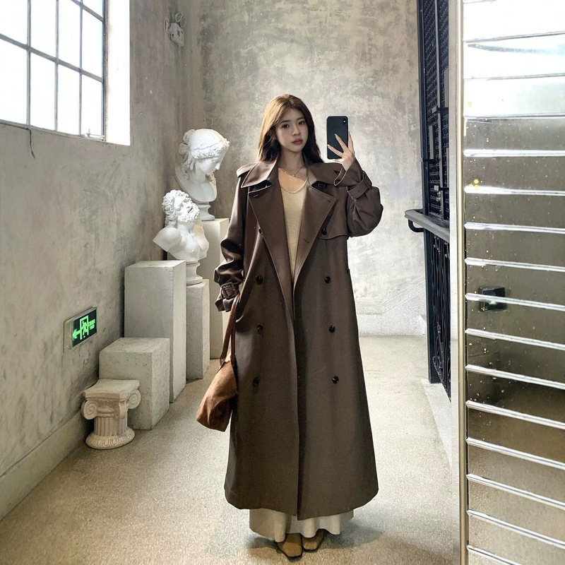 Brown, high-end style trench coat for women, 2026 autumn new collection, elegant long double-breasted coat with a stylish lapel Brown, high-end style trench coat for women, 2026 autumn new collection, elegant long double-breasted coat with a stylish lapel