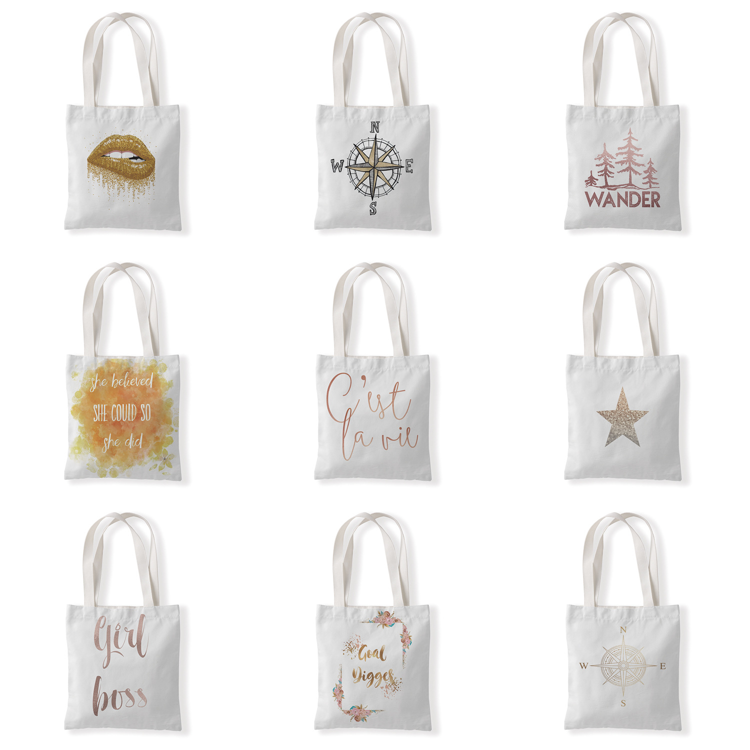 金色字母图案印花单肩购物袋广告宣传包休闲零钱袋文艺手提帆布袋